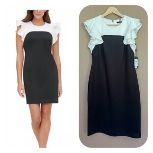 {Tommy Hilfiger} Flutter-Sleeve Colorblock Sheath Dress in Black & White - 6